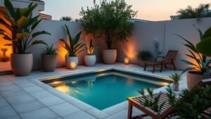 Mini piscine élégante entourée de plantes et d’un éclairage LED dans un jardin raffiné