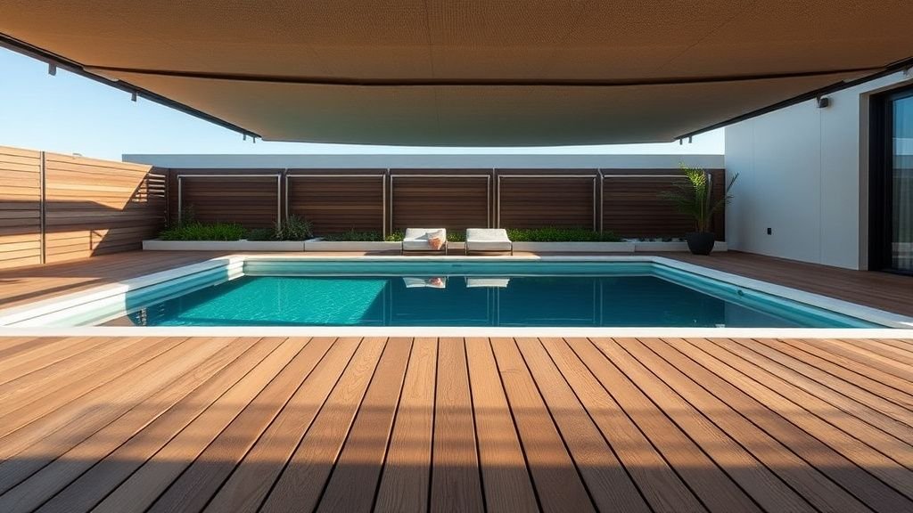 Terrasse mobile partiellement ouverte au-dessus d’une mini piscine avec finitions bois