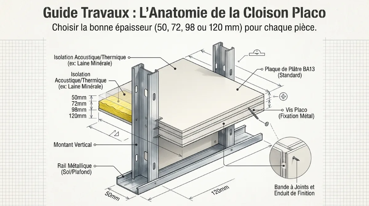Infographie Épaisseur d'une cloison placo : la réponse rapide