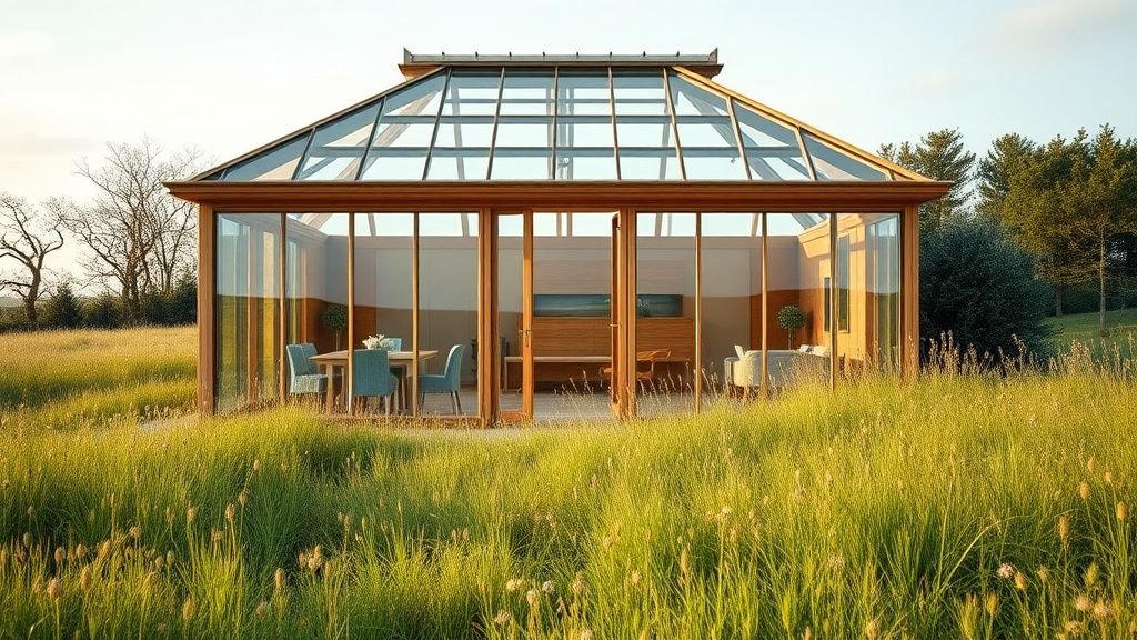 Orangerie suédoise vitrée au milieu d’une prairie, avec structure en bois clair et lumière naturelle douce