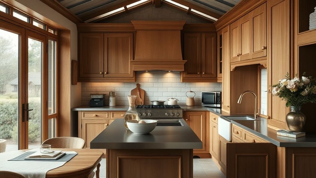 Cuisine en chêne clair et inox dans une orangerie, avec îlot en carreaux artisanaux et ambiance lumineuse