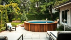 Piscine hors sol en bois intégrée dans un jardin élégant avec terrasse en pierre et végétation luxuriante