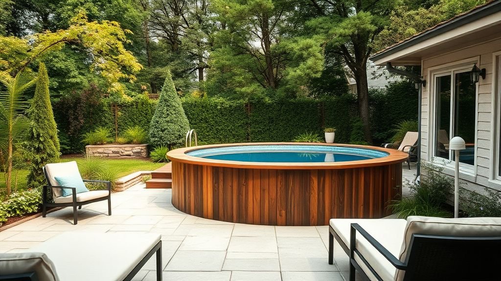 Piscine hors sol en bois intégrée dans un jardin élégant avec terrasse en pierre et végétation luxuriante