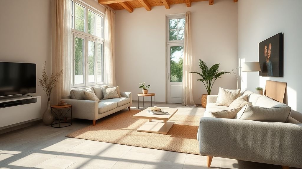 Salon contemporain lumineux avec sol en pierre claire et ambiance de fraîcheur discrète sous les pieds