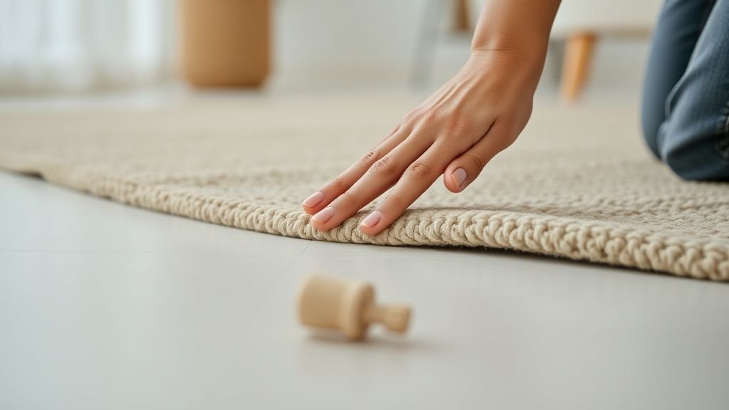 Main posant un tapis fin sur un sol carrelé clair dans un intérieur lumineux et épuré