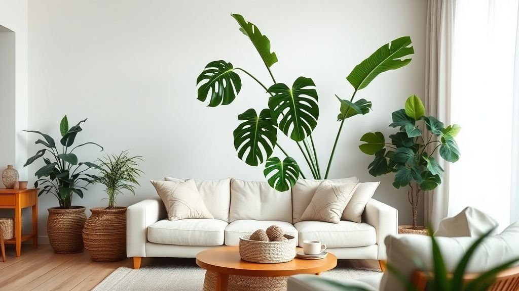 Salon lumineux avec grandes plantes d’intérieur, canapé en lin et pots en matières naturelles