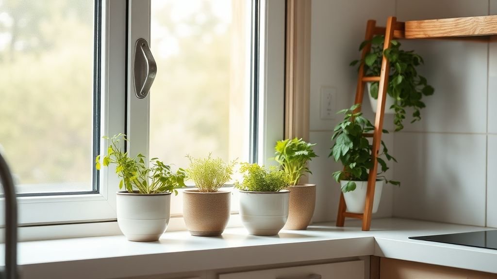 Cuisine avec herbes aromatiques en pots simples sur un rebord de fenêtre et support vertical