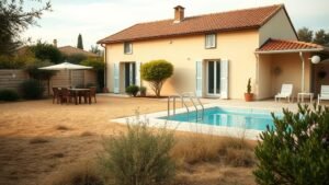Maison avec jardin sec et piscine visible, ambiance estivale réaliste pour illustrer la prévention incendie
