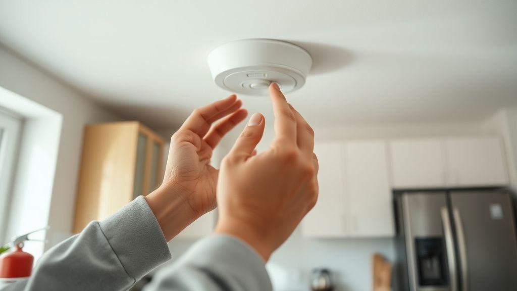 Mains vérifiant un détecteur de fumée dans un intérieur lumineux avec extincteur posé en cuisine