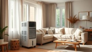 Refroidisseur d’air discret dans un salon lumineux avec déco contemporaine et ambiance estivale