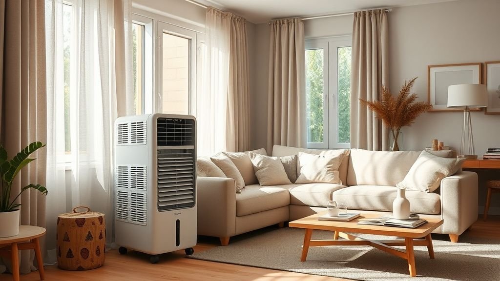 Refroidisseur d’air discret dans un salon lumineux avec déco contemporaine et ambiance estivale