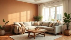 Salon chaleureux et lumineux avec canapé, mur accent et textiles doux sous la lumière naturelle