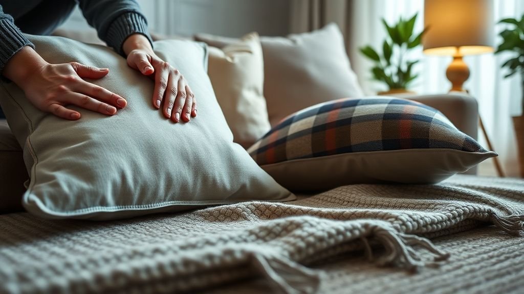 Mains disposant des coussins et un plaid dans un salon avec lampe douce et tapis texturé