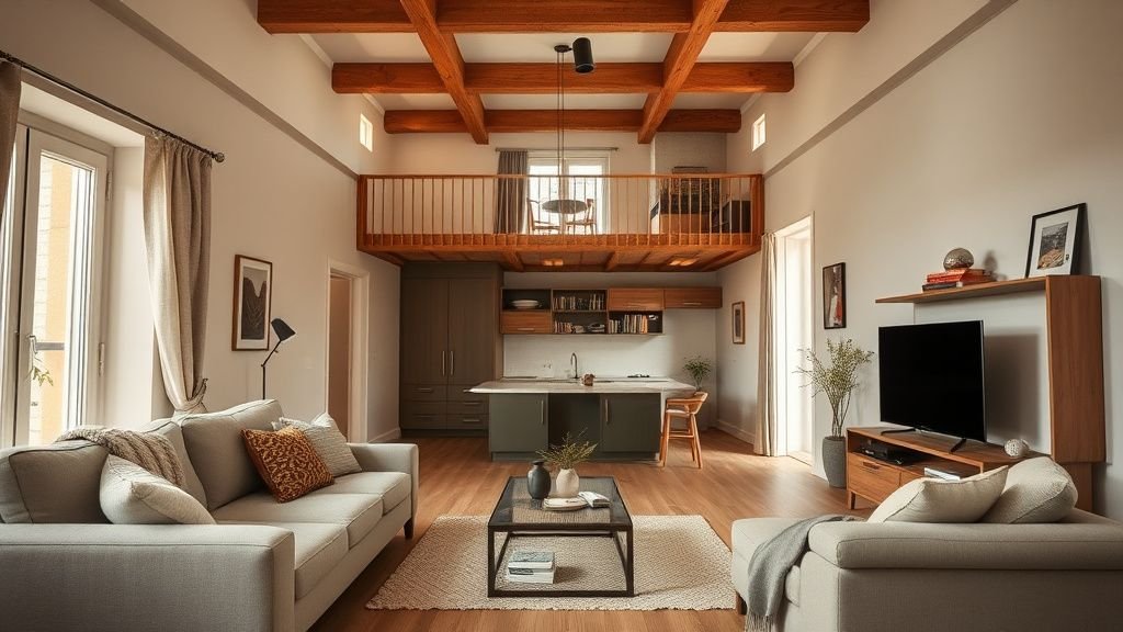 Petit appartement rénové avec mezzanine, bois apparent et palette beige et vert, ambiance douce et optimisée