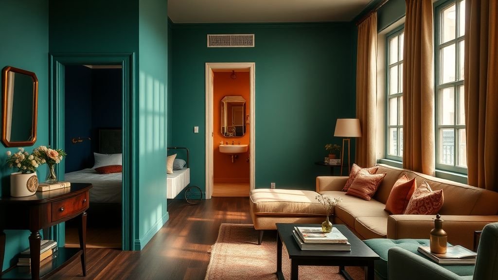 Studio de 28 m² coloré avec entrée vert sauge, alcôve bleu nuit et salon lumineux
