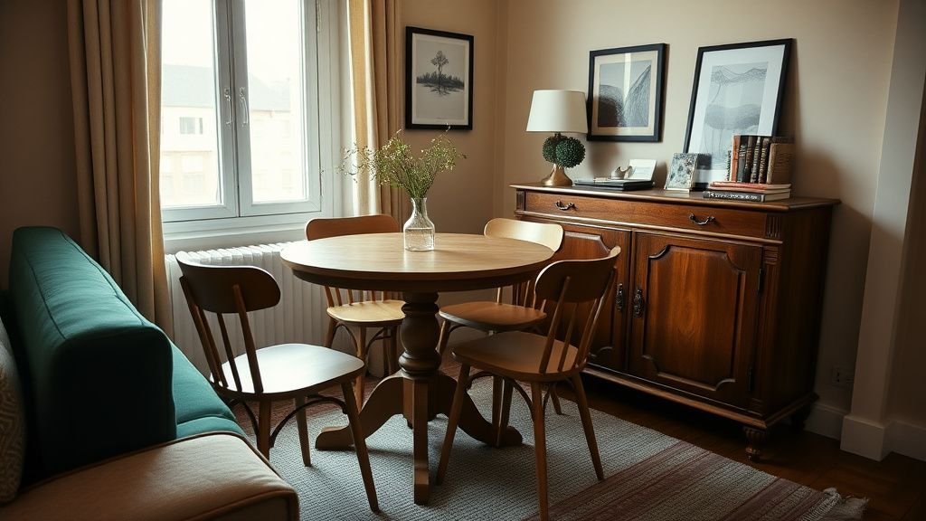 Coin repas d’un studio avec table ronde en bois, canapé vert et buffet vintage en noyer