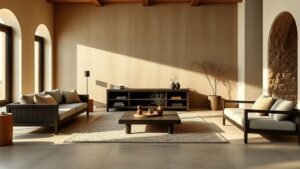 Salon méditerranéen minimaliste avec bois sombre, murs texturés et palette sable et taupe