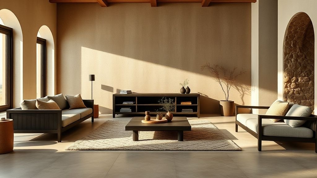 Salon méditerranéen minimaliste avec bois sombre, murs texturés et palette sable et taupe
