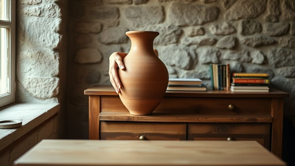 Mains posant un vase en terre cuite sur une console en bois devant un mur en pierre texturé