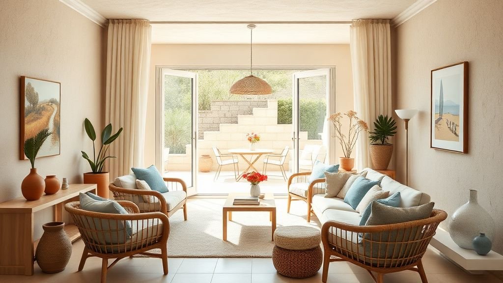 Salon lumineux au style Riviera avec terrasse, matières naturelles et couleurs solaires