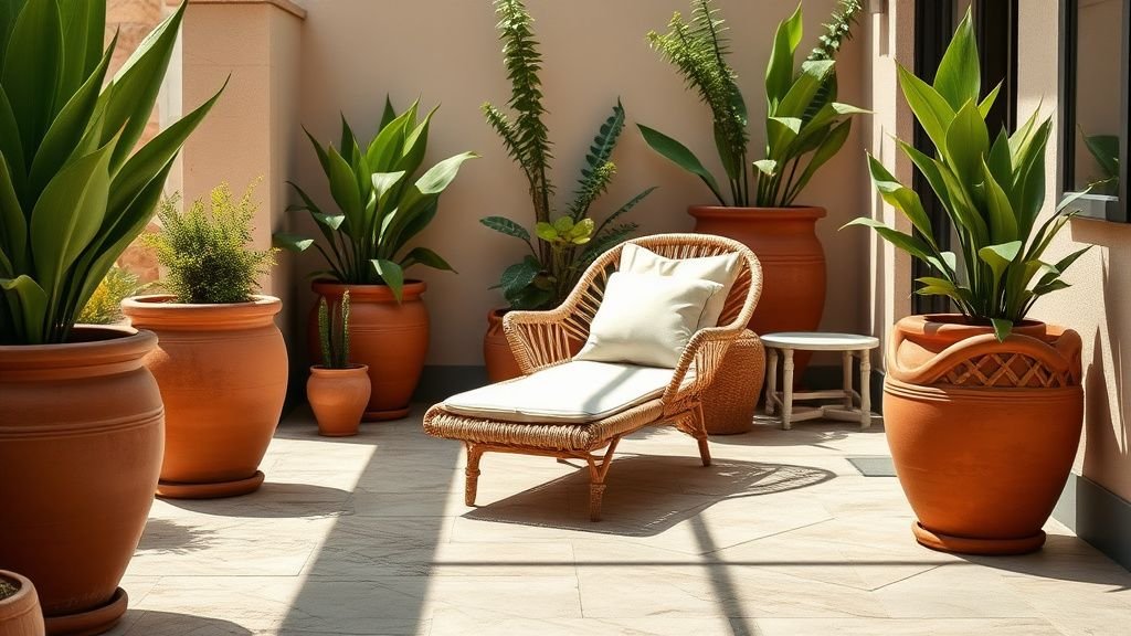 Coin terrasse décoré dans l’esprit Riviera avec pots en terre cuite et matières naturelles