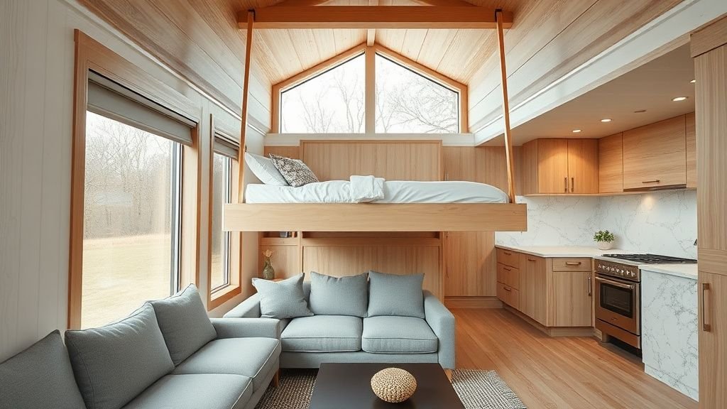 Intérieur d’une tiny house avec lit suspendu abaissé au-dessus du salon et grande baie vitrée lumineuse