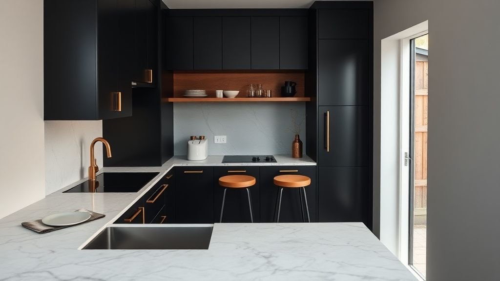 Cuisine compacte de tiny house avec façades noires, marbre veiné et détails laiton