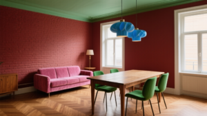 Salon et salle à manger d’un appartement coloré avec murs rouge brique, mobilier vintage et lumière naturelle