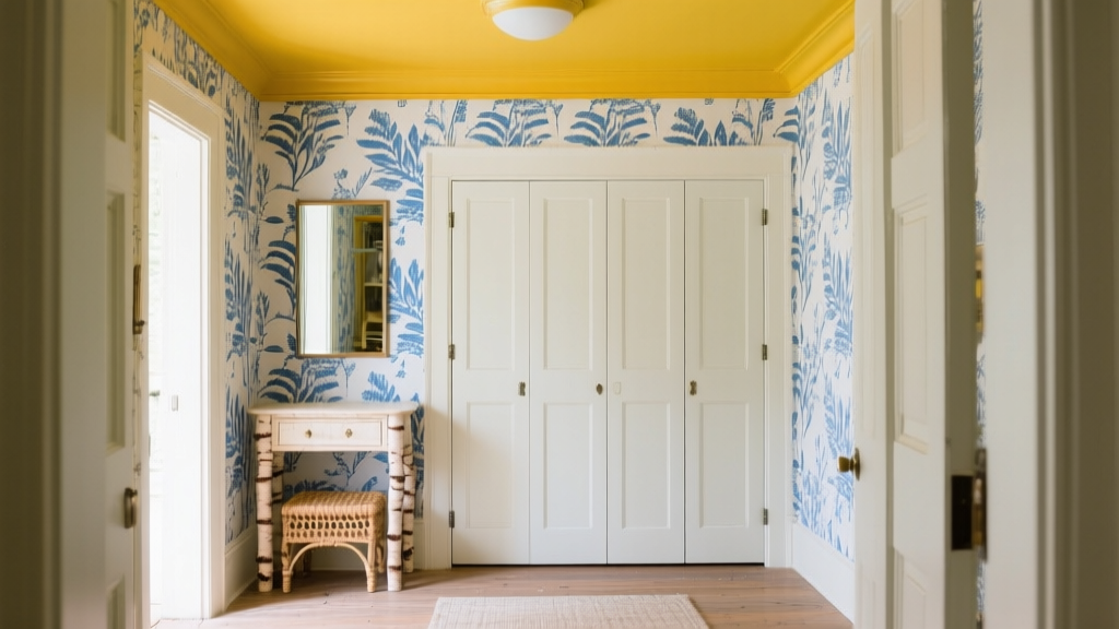Entrée graphique avec plafond jaune, papier peint bleu et blanc et meuble vintage en bouleau