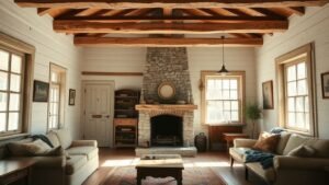 Intérieur d’une maison de 1920 avec cheminée en pierre, bois patiné et lumière naturelle