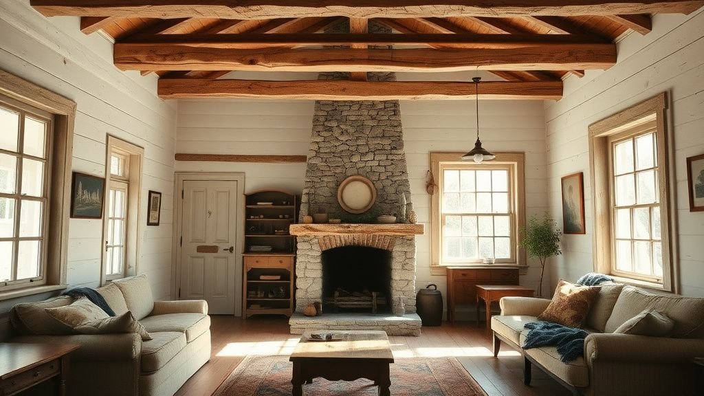 Intérieur d’une maison de 1920 avec cheminée en pierre, bois patiné et lumière naturelle