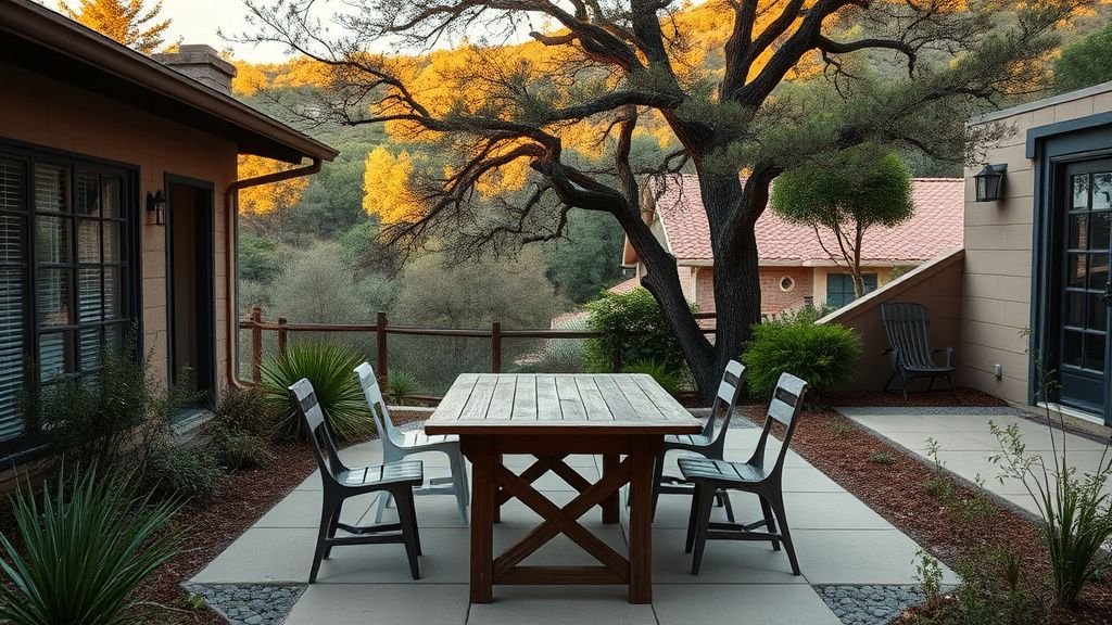Patio en bois face aux arbres avec table simple et chaises dépareillées dans une ambiance naturelle