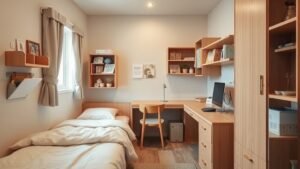 Chambre d’étudiant cosy et bien rangée avec lit, bureau compact et textiles doux en lumière naturelle