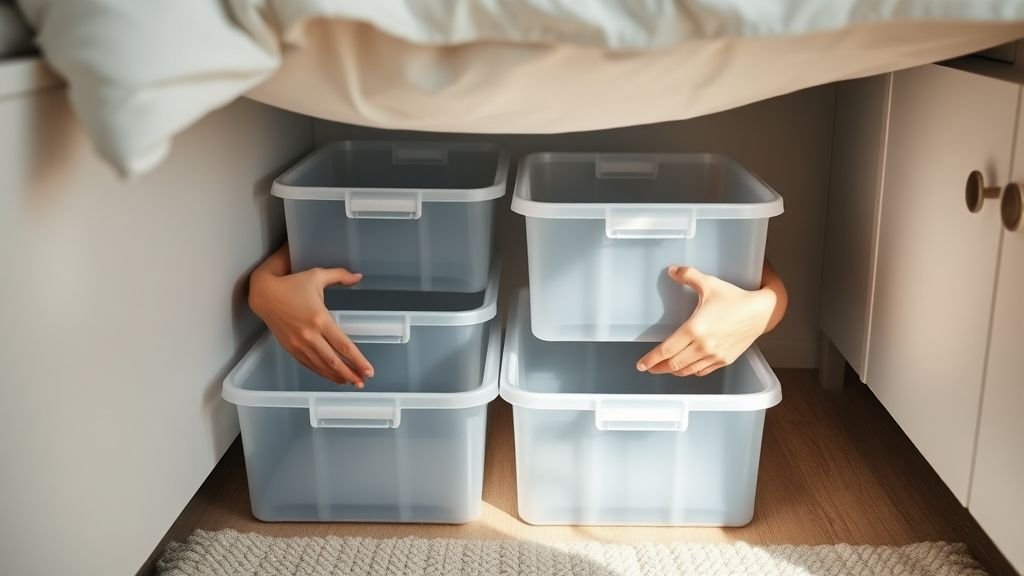 Mains rangeant des boîtes transparentes sous un lit dans une petite chambre baignée de lumière naturelle