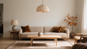 Salon chaleureux inspiré des tendances déco automne-hiver 2026 avec bois clair, velours et lumière douce