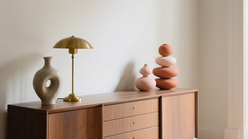 Détail déco d’un buffet stylé avec vase sculptural, lampe en laiton et objets aux couleurs douces
