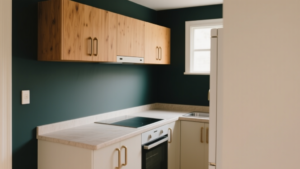 Cuisine de location modernisée avec mur d’accent sombre, poignées sobres et ambiance chaleureuse