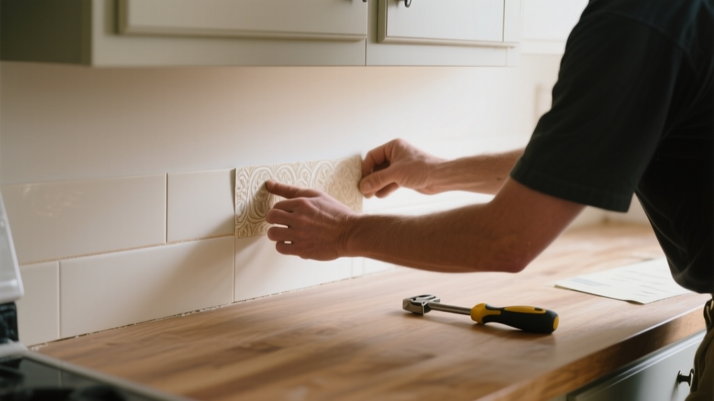 Mains posant une crédence adhésive décorative dans une cuisine de location lumineuse