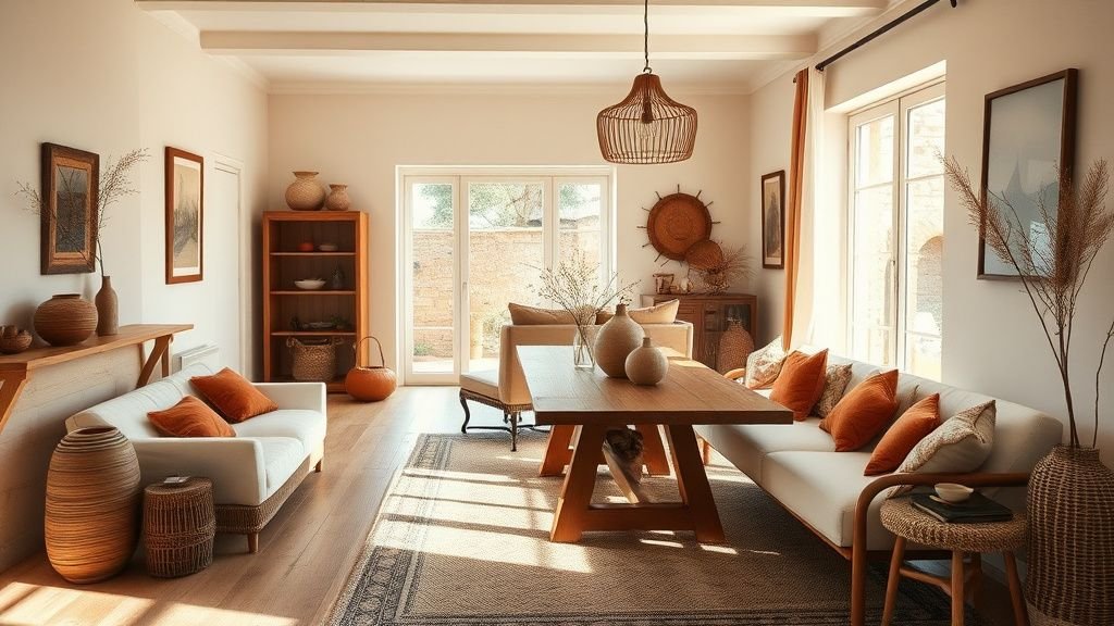 Salon salle à manger aux tons ocre et terracotta avec bois brut et lumière naturelle