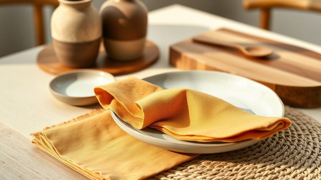 Gros plan sur une table dressée avec céramique, lin ocre et matières naturelles