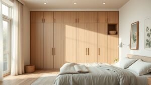 Dressing modulable beige et gris dans une chambre lumineuse avec paniers en fibres naturelles