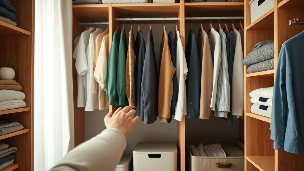 Mains rangeant des vêtements dans un dressing modulable avec étagères, tiroirs et lumière naturelle