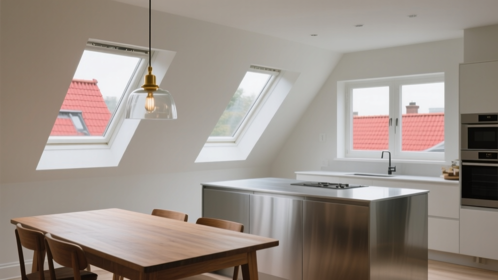 Cuisine contemporaine sous combles avec îlot en inox, table en bois et lumière des fenêtres de toit
