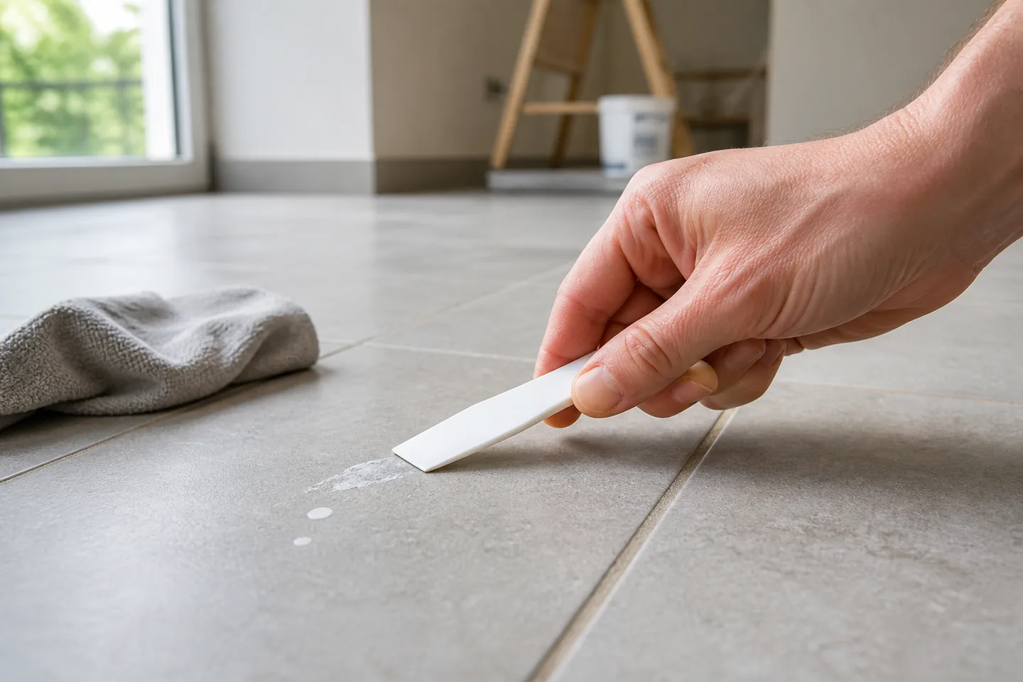Retrait d’une tache de peinture sur carrelage avec une spatule plastique