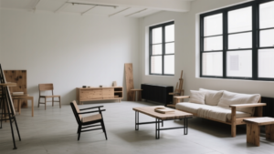 Salon esprit atelier avec bois brut, béton et métal noir dans une ambiance lumineuse et minimaliste