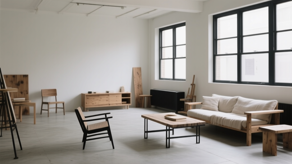 Salon esprit atelier avec bois brut, béton et métal noir dans une ambiance lumineuse et minimaliste