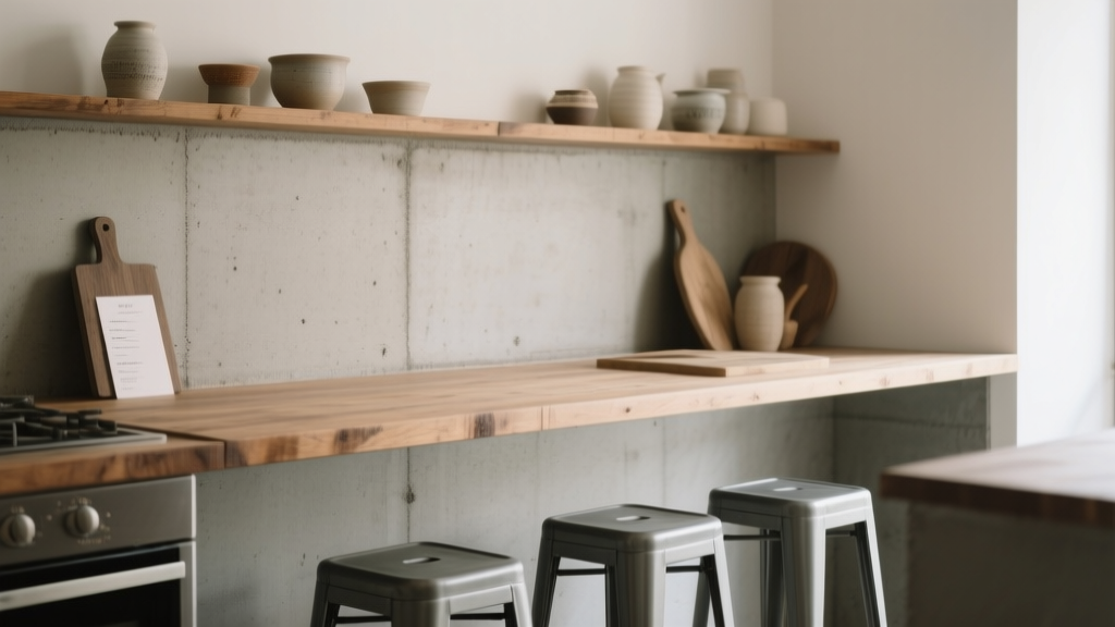 Cuisine atelier avec plan de travail en bois, tabourets métalliques et crédence minérale sous lumière naturelle