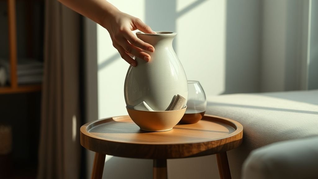 Mains disposant un vase en céramique sur une table d’appoint en bois dans un intérieur lumineux