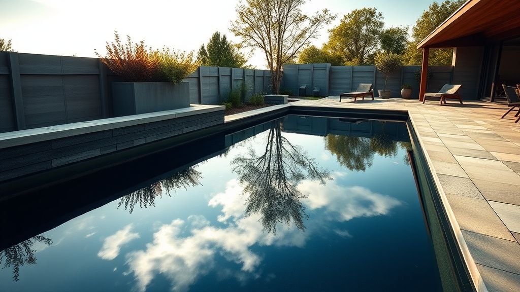Piscine contemporaine avec liner anthracite et reflets du ciel dans un jardin minimaliste