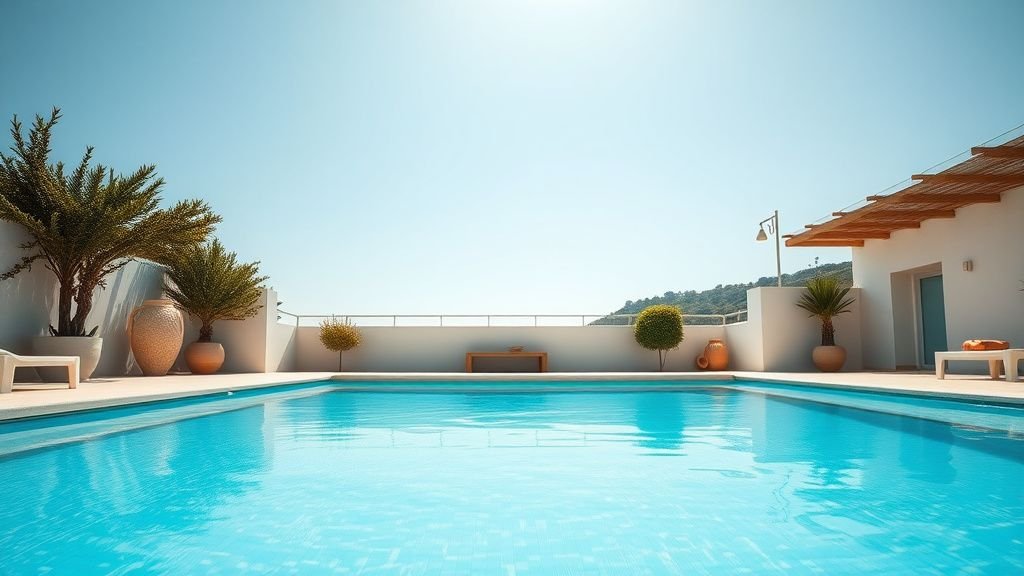 Piscine lumineuse avec liner sable et eau turquoise dans un jardin ensoleillé